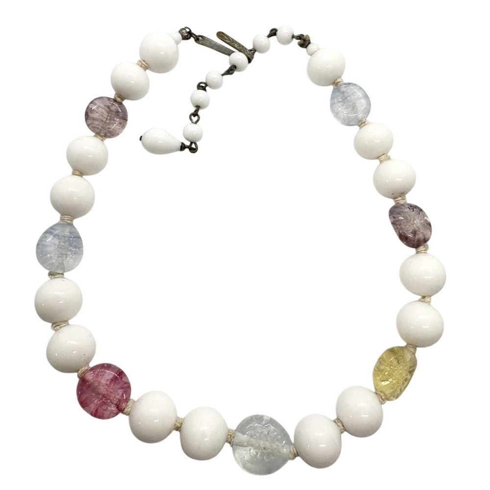 Vintage Japan‎ White & Pastel Glass Bead Necklace – 13–16" Adjustable Retro
